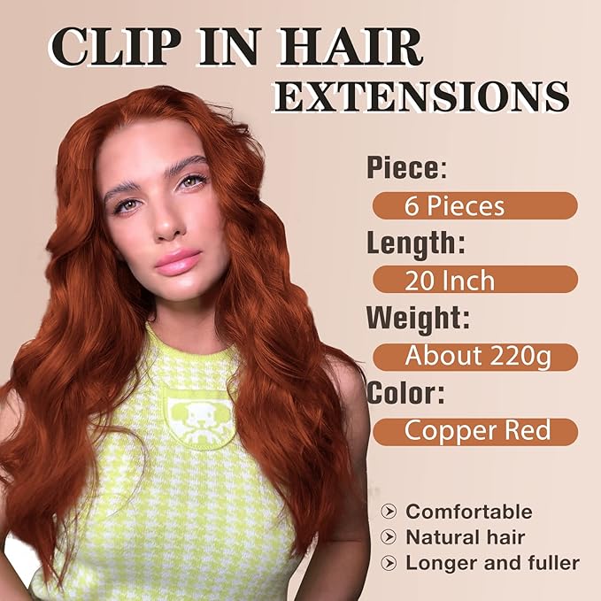 NAYOO Clip in Hair Extensions for Women 20 Inch Long Wavy Curly Copper Red Hairpieces Full Head Synthetic Hair Hairpieces(6PCS,Copper Red)