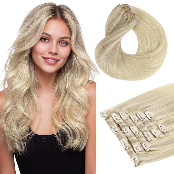 HOTBANANA Seamless Clip in Hair Extensions, 14 Inch 120g 7pcs Ash Blonde to Golden and Platinum Blonde Invisible PU Skin Weft Straight Remy Human Hair Extensions