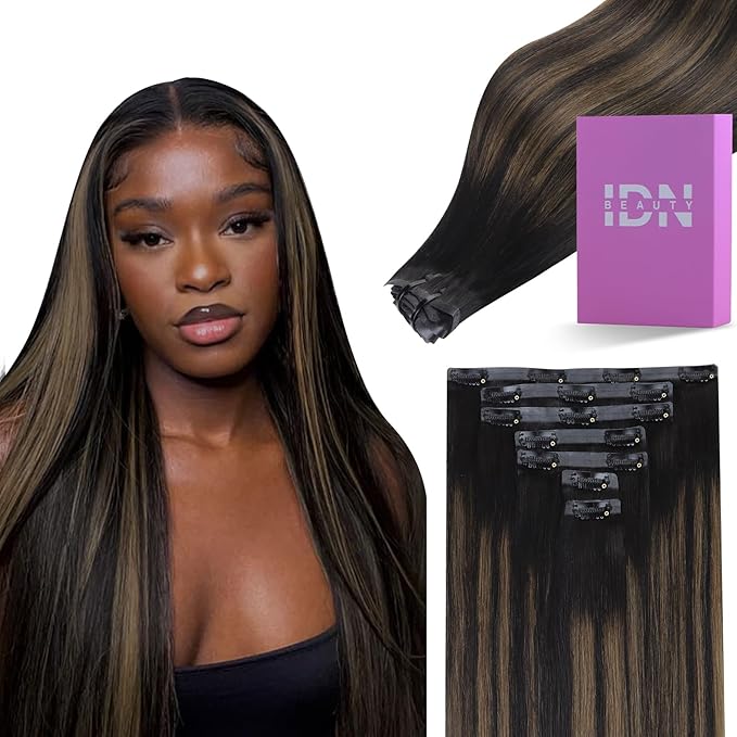 IDN BEAUTY Seamless Clip In Hair Extensions Human Hair, Straight 20 Inch 110g 7pcs, 1B/6/1B Balayage Natural Black to Chestnut Brown Remy Hair Seamless Clip Ins For Black Women PU Weft Invisible Edge