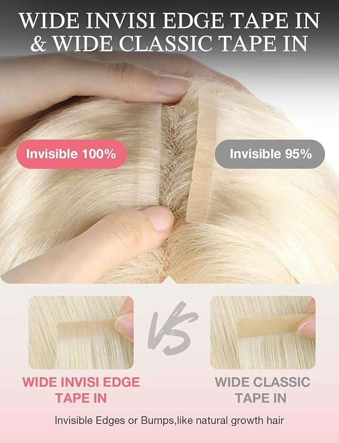 DOORES Invisi Edge Human Hair Tape in Extensions Wide, Platinum Blonde 4PCS Injection Tape ins 20g 18 Inch, Seamless Injected Virgin Human Hair 3 Inch Wide Extensions Straight