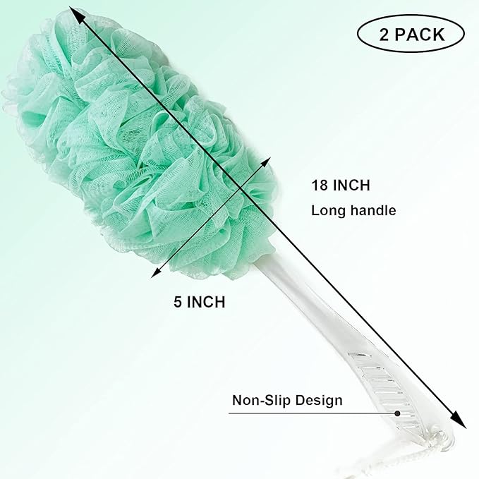 PPHAO - Bath Loofahs on a Stick for Men - Bath Brush Long Handle for Shower Elderly - Loofah Sponge for Women - Plastic Loofah - Bath Body Brush - Green Loofah - 2Pack