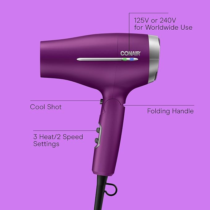 Conair Worldwide Folding Handle Hair Dryer with Concentrator & Diffuser, 1875W Travel Blow Dryer with Smart Voltage Technology, Ionic Conditioning Fights Frizz, 3 Heat & 2 Speed Settings, Purple
