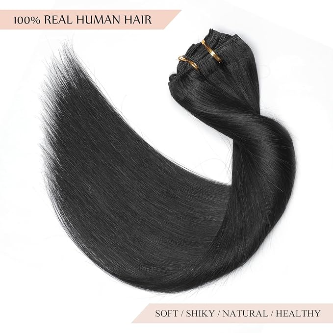 Sisily Clip in Hair Extensions Real Human Hair, 16 inch 140g, Jet Black, 100% Brazilian Remy Human Hair Clip in Extensions Soft Straight 7pcs Per Set with 16 Clips Double Weft