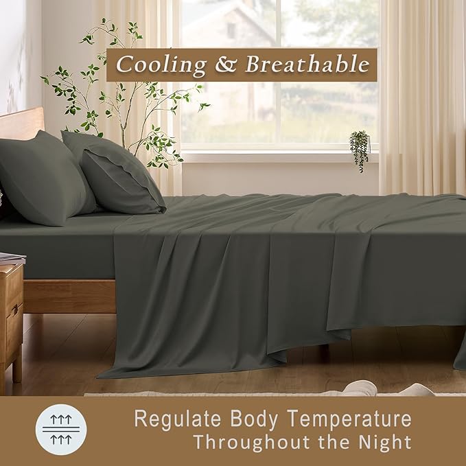 TOSMO Luxury Cooling Sheet Set - 100% Viscose from Bamboo, 4-Piece Bedding Set (Full Size) - 18” Extra Deep Pockets, Oeko-Tex Certified, Silky Soft and Breathable, Charcoal