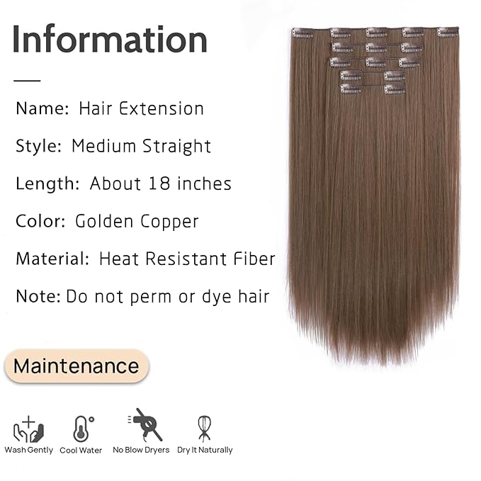Clip in Hair Extensions Straight 18 Inch Long Invisible Synthetic 5PCS Thick Clips on Hairpieces Heat Resistant Fake Extension for Women Weddings Party Daily Use Golden Copper 6.5 Oz