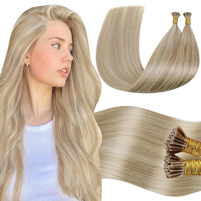 LaaVoo Itip Human Hair Extensions Ash Blonde Highlights Bleach Blonde I Tips Hair Extensions Real Human Hair 20 Inch 50g/s