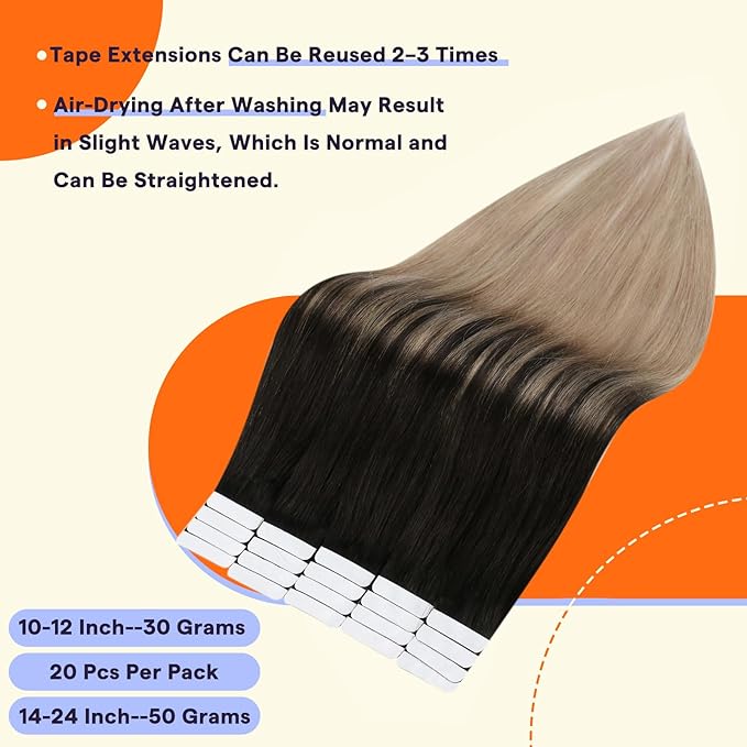 Full Shine Tape in Hair Extensions Human Hair 12 Inch Color 1B/18 Black to Blonde Fashion Double Sided Remy Human Hair Extensions Tape in 30g Invisible Natural Seamless Skin Weft 20PCS Thick End