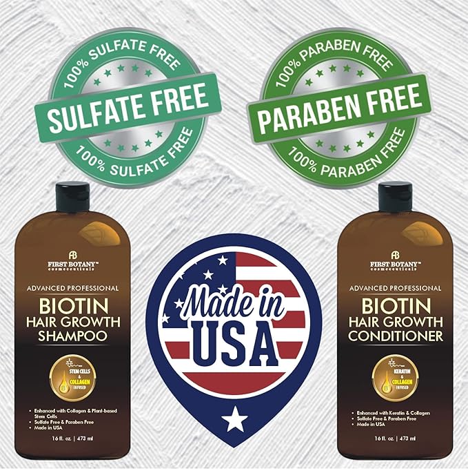 First Botany, Biotin Hair Growth Shampoo Conditioner Anti Hair Loss Thickening formula Collagen & Stem Cell For Hair Regrowth Anti Thinning Sulfate Free For Men Women Anti Dandruff Treatment 16 oz x2