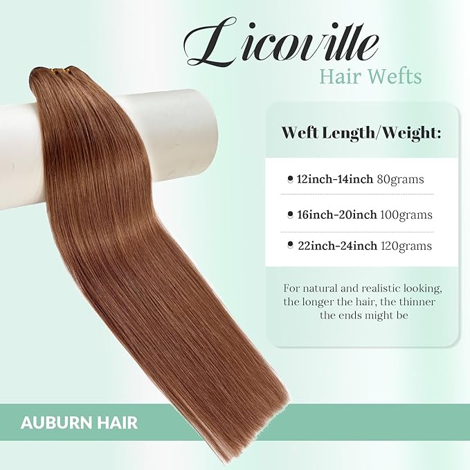 Auburn Brown Long Straight Real Human Hair Weft Hair Extensions Sew in, 22 Inch 120G Hand Tied Sew in Hair Extensions Human Hair Full Head Auburn Brown Weft Human Hair Bundles for Women
