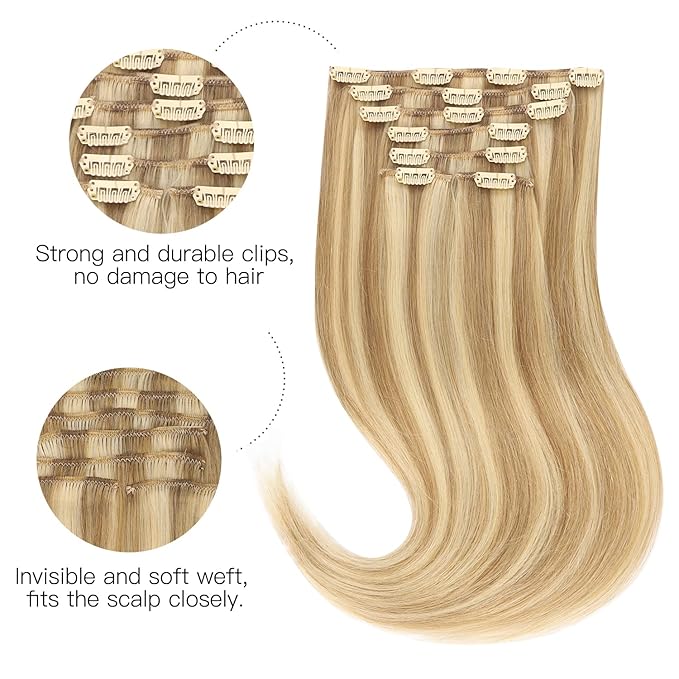 HOTBANANA Human Hair Clip in Hair Extensions, Balayage Light Blonde Highlighted Golden Blonde 110g Clip in Hair Extensions Real Human Hair Straight Remy Hair Extensions 24 Inch 7pcs