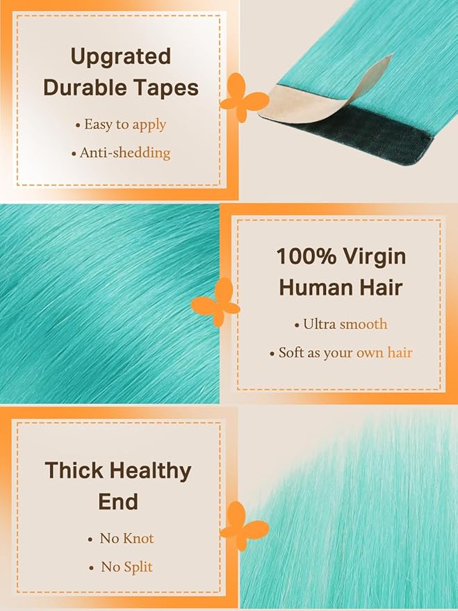 DOORES Human Hair Extensions Tape in, Teal Green Remy Hair Extensions, Real Natural Straight Hair, 30g 10pcs 20 Inch