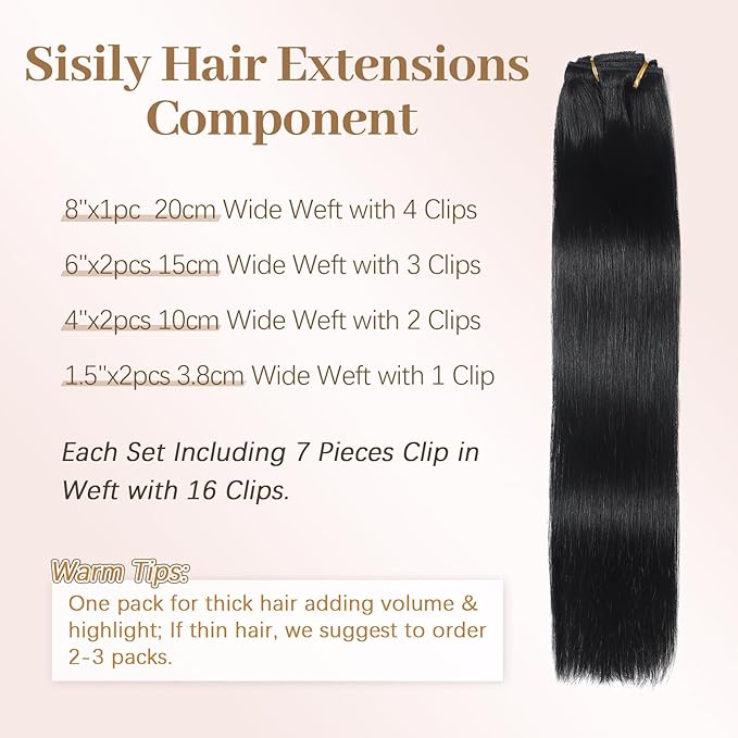 Sisily Clip in Hair Extensions Real Human Hair, 24 inch 120g, Jet Black, 100% Brazilian Remy Human Hair Clip in Extensions Soft Straight 7pcs Per Set with 16 Clips Double Weft