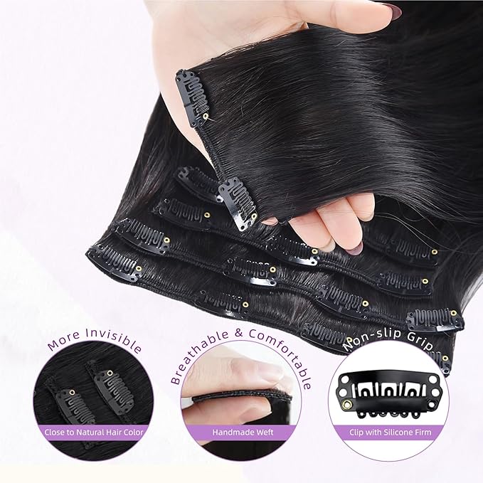 Clip in Hair Extensions Real Human Hair,100% Seamless Remy Human Hair Straight,Clip Extensions for Women, 8pcs Per Set with Double Weft,1B Natural Black,22inch 110g/4oz