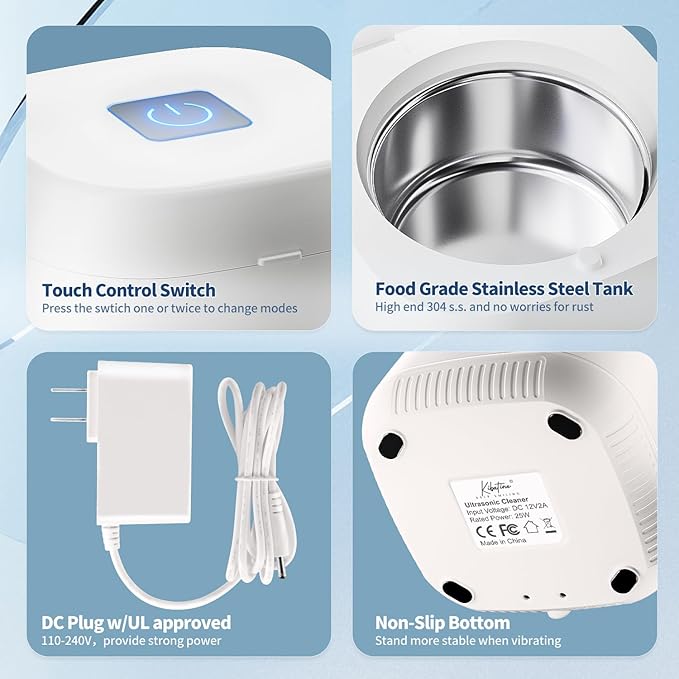 Ultrasonic Retainer Cleaner Machine with 4 UV Lights for Denture Aligner Retainer Mouth Guard Jewelry Rings, Ultrasonic Denture Cleaner for All Dental Appliances