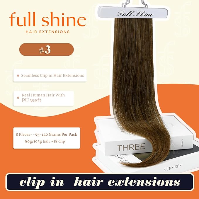 Full Shine Real Hair Extensions Clip in Human Hair Brown Seamless Hair Extensions Clip in Natural Brown Straight PU Weft for Short Hair 12 Inch 95 Grams 8 PCS