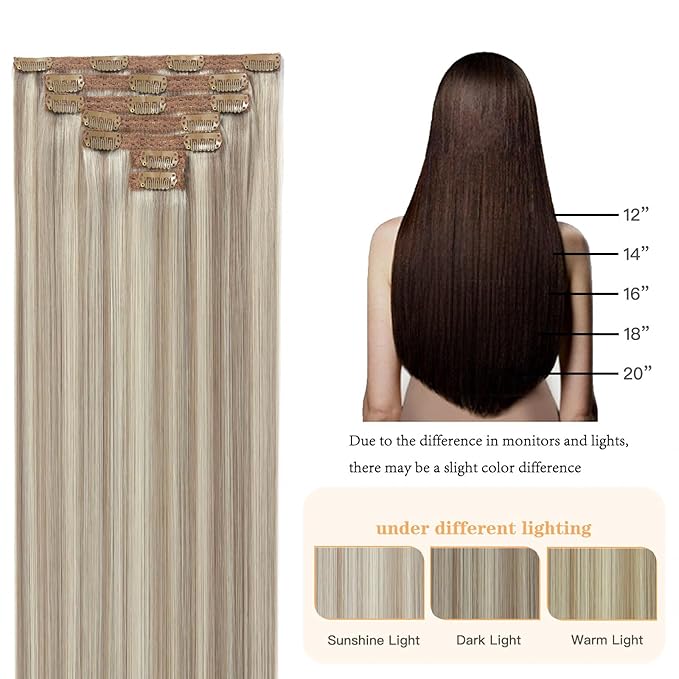Blonde Clip in Human Hair Extensions Ash Blonde Mix Bleach Highlights Natural Remy Hair Extensions for Women Real Human Hair Lace Weft Straight Hair 7pcs 120g 18inch