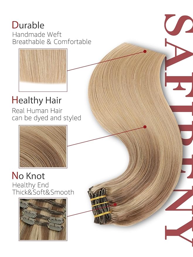Clip in Hair Extensions Real Human Hair,Balayage Ash Brown To Caramel Blonde,Hair Extensions Clip In 6pcs Per Set With 18 Clips 22 Inch 120grams,(#10/27/27,22")