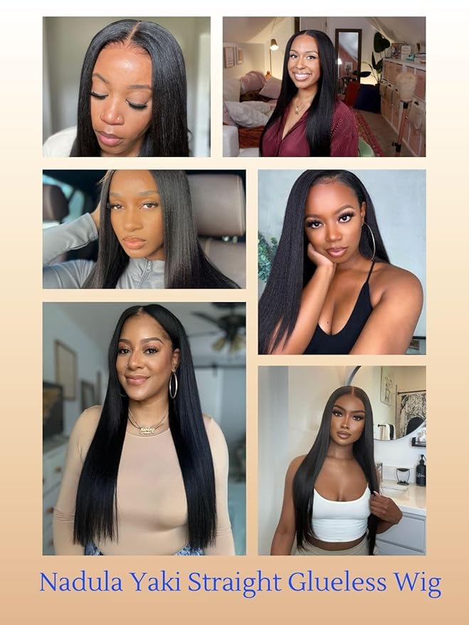 Nadula Bye Bye Knots Yaki Straight Glueless Wig Human Hair with Elastic Drawstring Pre Cut 7x5 Invisible Knots HD Lace Front Put on and Go Wigs Pre Everything Glueless Light Kinky Staight Wigs 18inch