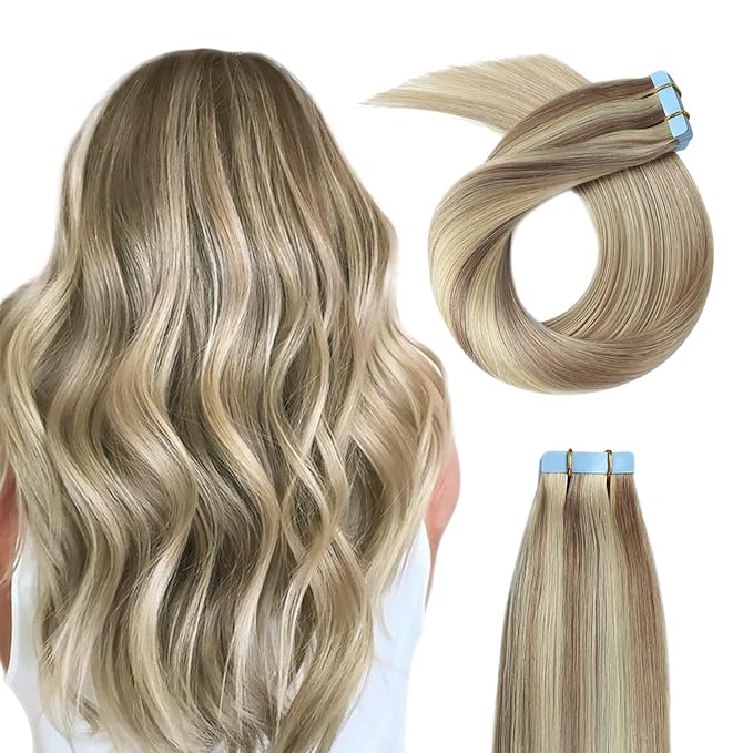 YILITE Blonde Tape in Hair Extensions 16Inch Tape in Real Hair Extensions Highlight 18 Ash Blonde Mix 613 Blonde Real Human Hair Double Side Tape ins 40g 20PCS Remy Tape in Extensions(16 inch P18/613)