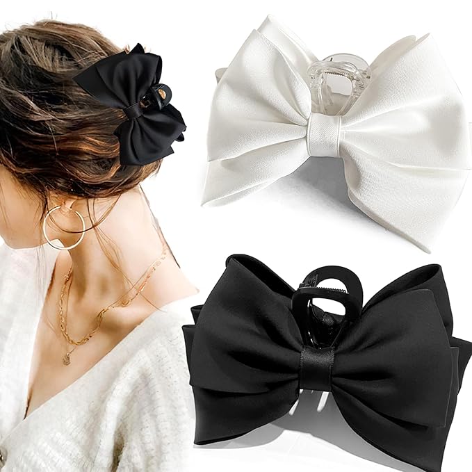 Bow Claw Clip,StrongHold Cute Bow Hair Claw Clips for Women Girls,Nonslip Silky Big Hair Bows Ribbons for Hair Claws,Large Claw Clips for Thick/Thin Hair Styling Accessories Gifts (black,pure)