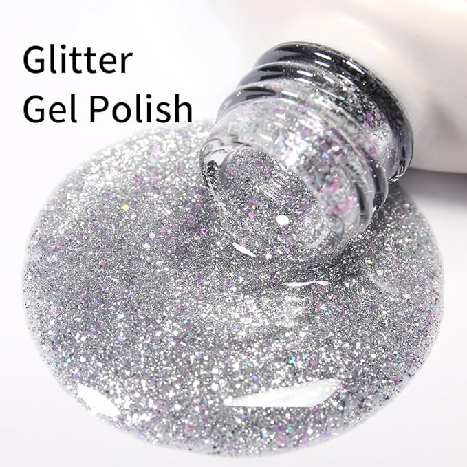 Sparkle Silver Gel Polish Glitter Hema Free 0.34 OZ Same Color Same Top Cover Reflective UV Polish Manicure Nail Art DIY
