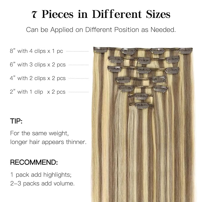 HOTBANANA Human Hair Clip in Hair Extensions, Ash Brown Highlighted Golden Blonde Hair Extensions 120g Clip in Hair Extensions Real Human Hair Straight Remy Hair Clip Ins 16 Inch 7pcs