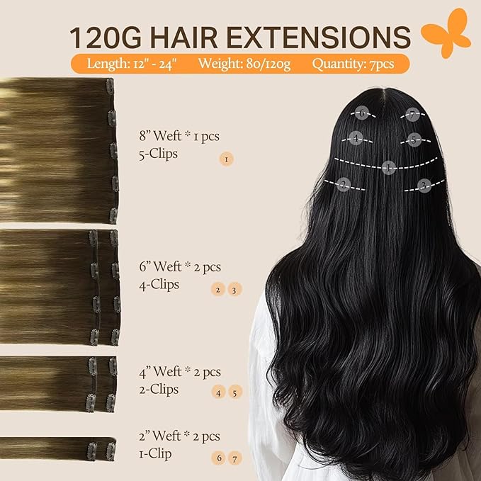 DOORES Clip in Hair Extensions Remy Balayage Dark Brown Fading to Chestnut Brown and Dirty Blonde 16 Inch Real Human Hair Clip in Extensions Natural Straight Hair Extensions 120g 7pcs