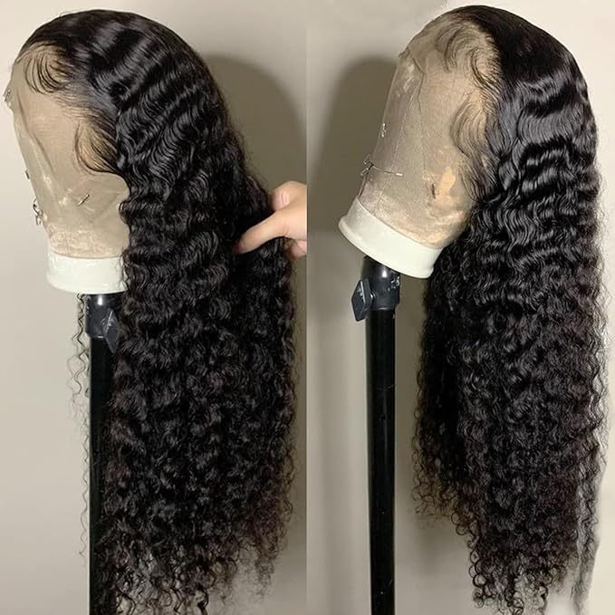 22 Inch Deep Wave Lace Front Wigs Human Hair 200 Density 13x4 Lace Frontal Wigs Human Hair Pre Plucked Deep Curly Wigs Human Hair for Women Nature Black