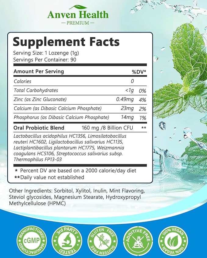 Oral Probiotics Lozenges for Mouth Bad Breath & Gum Repair - Mineral Fusion with Zinc + Calcium for Dry Mouth Relief, Enamel Shield, Mint Flavor with Xylitol - 270 Lozenges, Sugar-free