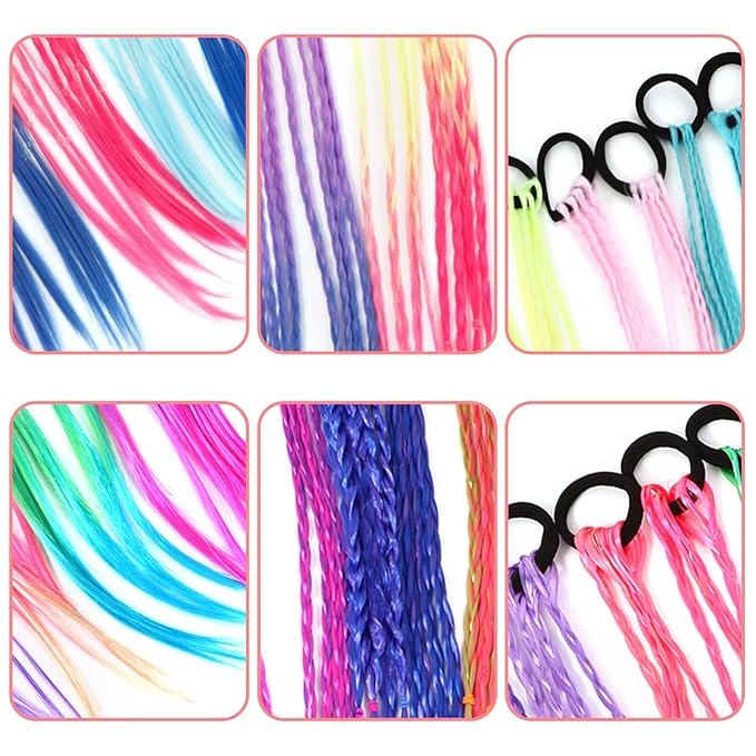 17 Inch Girls Rubber Bands Hair Extensions for Kids Crazy Hair Day Accessories Colorful Wigs Colored Braids for for Women Girls Hair with Rubber Bands Braided Synthetic Hairpieces Ponytail for 12pcs