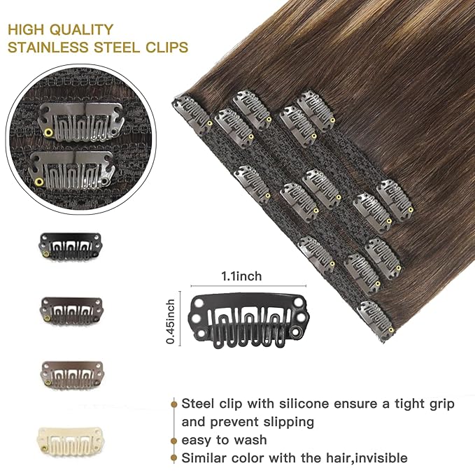 Clip in Hair Extensions Human Hair Balayage Chocolate Brown to Caramel Blonde 12 Inch 5pcs 80g Real Hair Extensions Human Hair Clip in Extensions Straight Hair Remy Extensions
