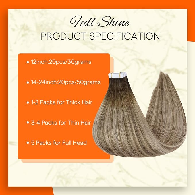 Full Shine Tape in Hair Extensions 22Inch Skin Weft Tape in Color Dark Brown 3 Fading to 8 and 22 Blonde Seamless Remy Invisible Natural Human Hair Extension 20Pcs for Women 50Gram Soft