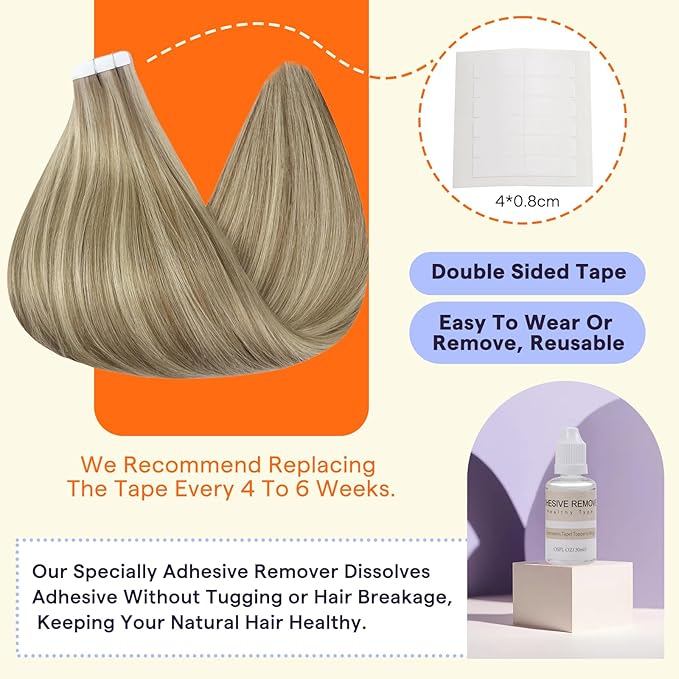 Full Shine Tape in Hair Extensions Remy Tape ins Human Hair Extensions Seamless Human Hair 16 Light Golden Blonde Highlighted 22 Blondes Extensions Tape for Women 24Inch Long Hair Add Length 20Pcs 50G