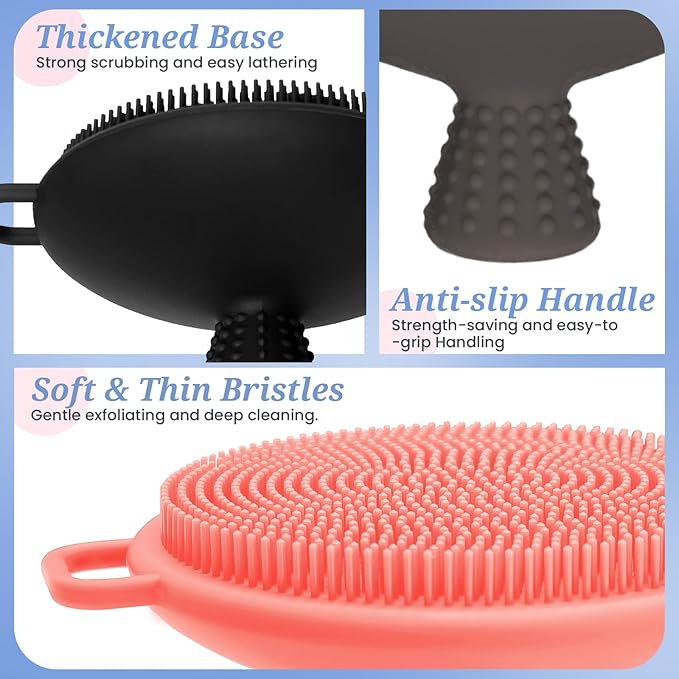 Silicone Back & Body & Face Scrubbers Set 4PCS, 15.35’’ Soft Back Scrubber for Dual-Side Usage, Easy-to-Hold Bath Glove Body Scrubber Face Scrubber for Good Foaming & Deep Cleaning(Black)