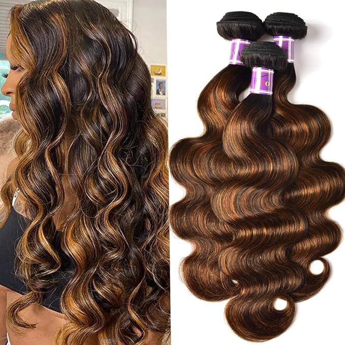 UNice Brown Highlight Body Wave Human Hair Weave 3 Bundles 14 16 18 inch, Brazilian Remy Hair Ombre Blonde Human Hair Wavy Weaves Sew in Piano Color TFB30