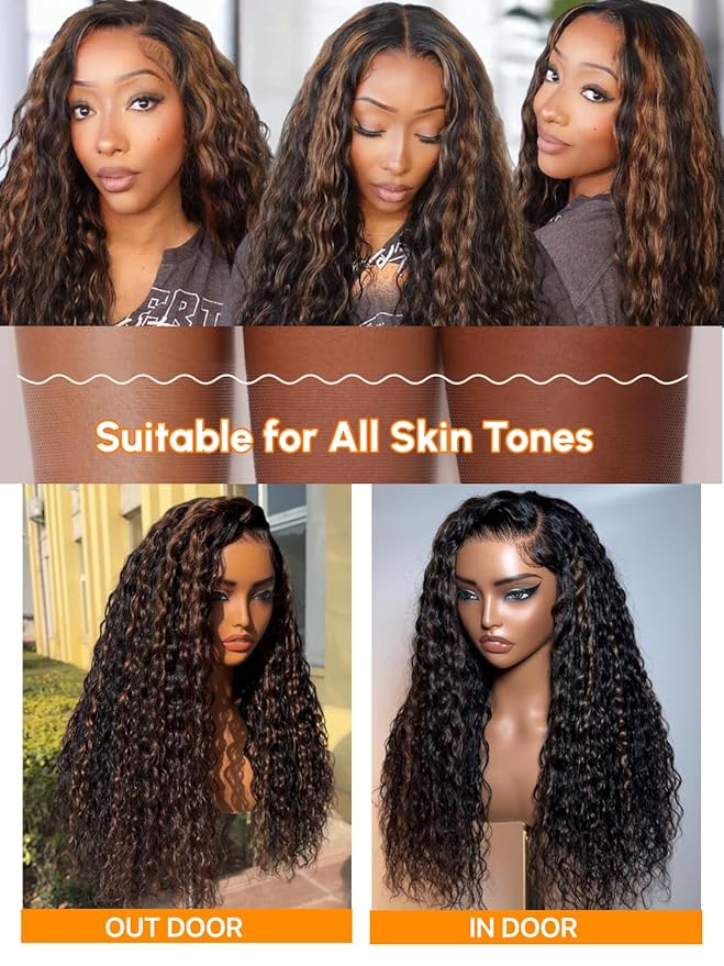 Julia Hair Golden Brown Highlight Deep Water Wave 7x5 Bye Bye Knots HD Lace Closure Glueless Wigs Human Hair Pre Plucked Pre Cut Natural Hairline Ready to Go for Beginners 20 Inch