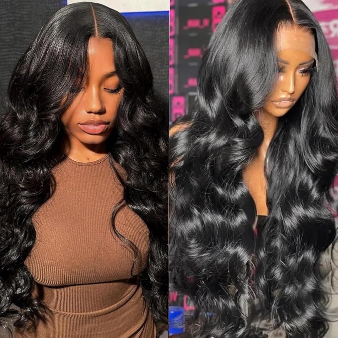 13x6 Body Wave Lace Front Wigs Human Hair Pre Plucked 200% Density HD Transparent Lace Frontal Wigs Human Hair With Baby Hair Natural Black 28 Inch