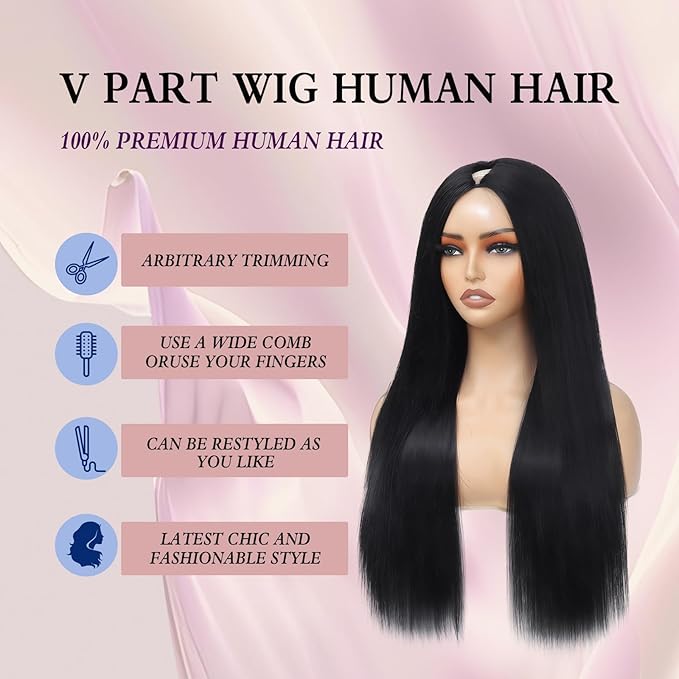 V Part Wig Human Hair Straight Human Hair Wigs Upgrade U Part Human Hair Wig for Women No Leave Out No Sew In 200% Density Natural Color 28 Inch