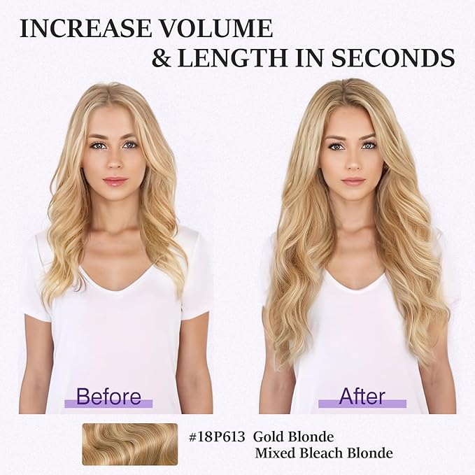 Halo Hair Extensions Real Human Hair,Halo Hair Extension 100% Human Hair,Wire Hair Extensions,Wavy 18P613 Gold Blonde Mixed Bleach Blonde 70g/20inch