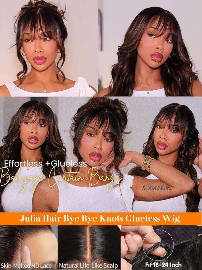 Julia Hair Pre Everything Glueless 13x4 HD Lace Front Wigs Human Hair Pre Plucked Pre Cut Balayage Highlight Body Wave Curtain Bangs Bye Bye Knots Drawstring Wigs Ready to Wear Frontal Wig 16 Inch
