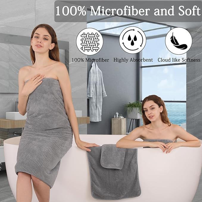 8 Piece Bath Towel Set-2 Oversized Bath Sheets(35"x70"),2 Hand Towels,4 Washcloths-Extra Large Microfiber Towel Sets,Less Lint Highly Absorbent & Quick Dry Bath Towels for Bathroom Gym Pool,Grey