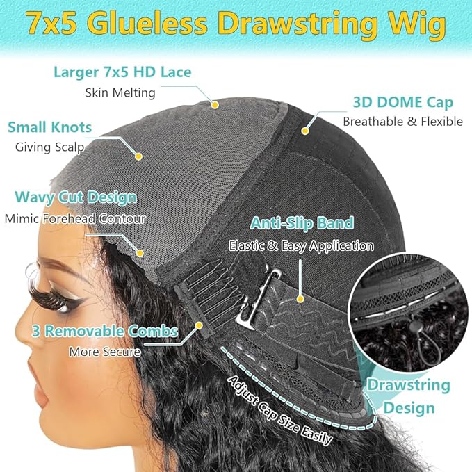 7x5 Deep Wave Glueless Wigs Human Hair Pre Plucked Pre Cut HD Lace 200% Density 7x5 Deep Wave Lace Front Wigs Human Hair 26 Inch Curly Wear and Go Drawstring Wig for Women Beginner Friendly