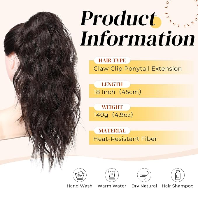 LONAI Ponytail Extension, 18" Wavy Claw Clip Ponytail Extensions ZJ001 Curly Wavy Claw Clip in Ponytail Hair Extensions Synthetic Fake Pony tails Hairpieces-Dark Reddish Brown