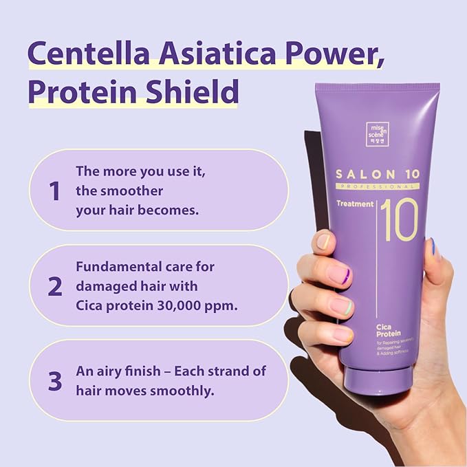 Mise En Scene Salon 10 Professional Cica Protein Deep Conditioner for Damaged Hair - Treatment with Centella Asiatica, Bond Repair Hair Masks, Low Porosity Care, 7.27 Fl. Oz.