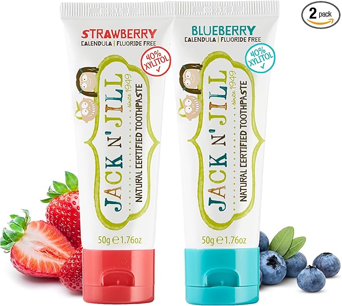 Jack N' Jill Natural Toddler Toothpaste - Fluoride Free Training Toothpaste for Toddlers 1-3, 40% Xylitol, BPA Free - Strawberry & Blueberry, 1.76 oz (Pack of 2)