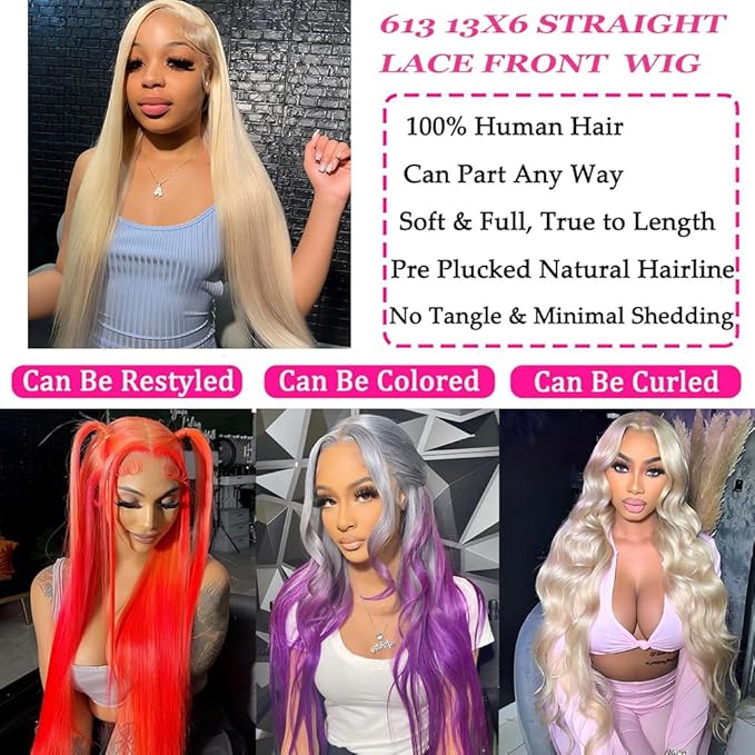 30 inch 613 Straight Wig 13x6 Lace Front Wig Human Hair 200% Density HD Lace Frontal Wig with Baby Hair Straight Blonde Glueless Lace Front Wigs Pre Plucked