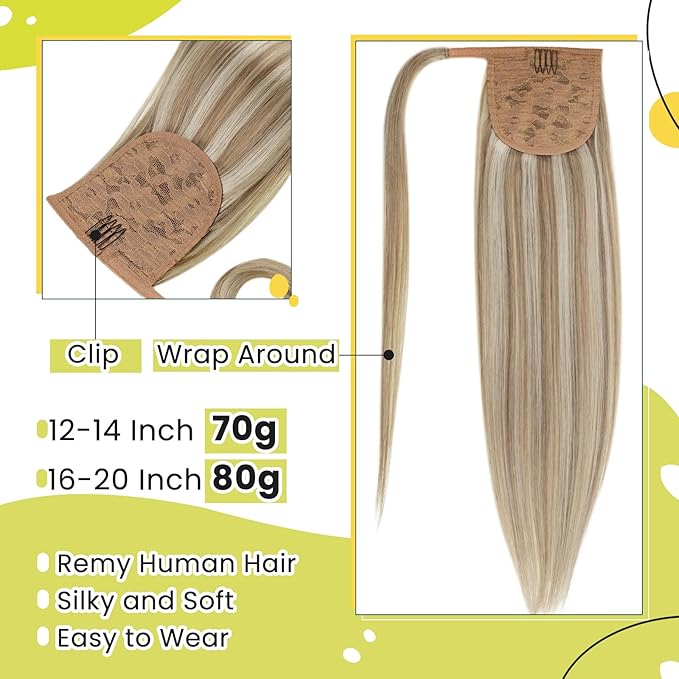 RUNATURE Real Hair Ponytail Extension, Human Hair Ponytail Extension for Women, Wrap Around Ponytail with Magic Paste, 16 Inch 80g #8P60 Ash Brown Highlight Platinum Blonde