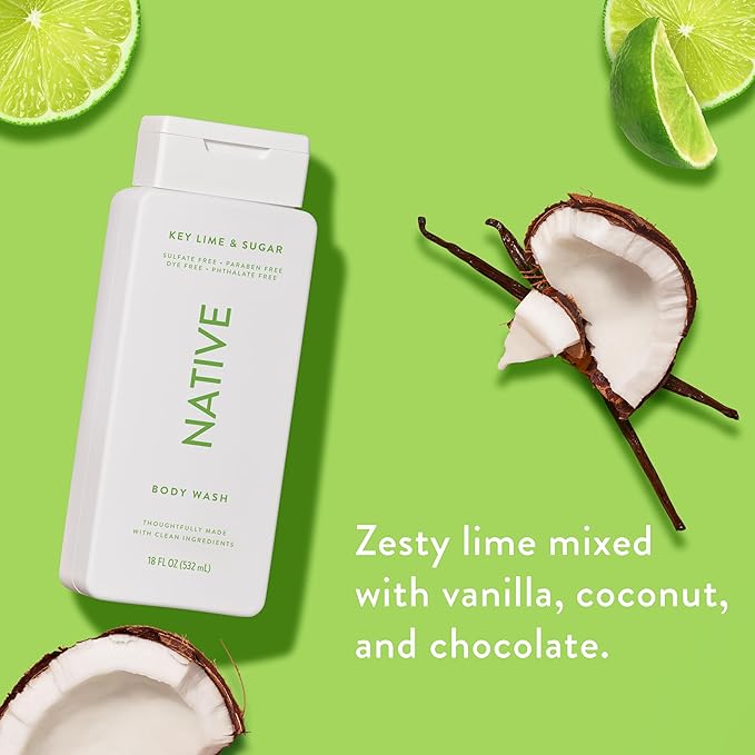 Native Body Wash Contains Naturally Derived Ingredients | For Women & Men, Sulfate, Paraben, & Dye Free Leaving Skin Soft and Hydrating | Key Lime & Sugar 18 oz