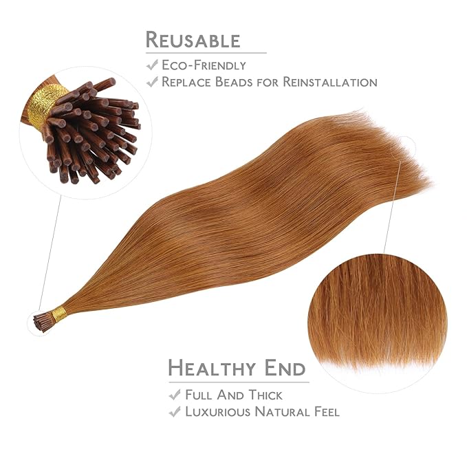 WENNALIFE I Tip Hair Extensions Human Hair, 50g 100s 16 Inch Auburn Ginger Remy Itip Human Hair Extensions Invisible