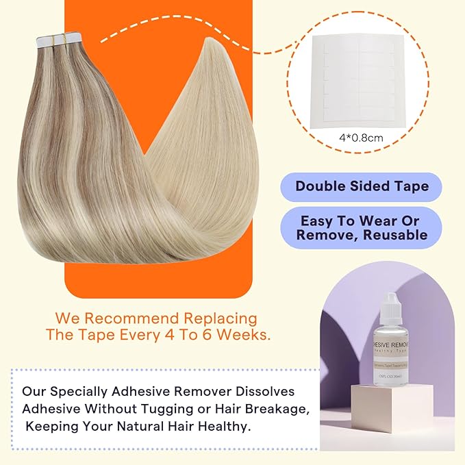 Full Shine Human Hair Tape in Extensions 14 Inch Balayage Nordic Blonde Hair Extensions Color 18 Ash Blonde Fading to 22 and 60 Highlighted Seamless Tape in Hair Extensions 50 Gram Remy Hair 20pcs